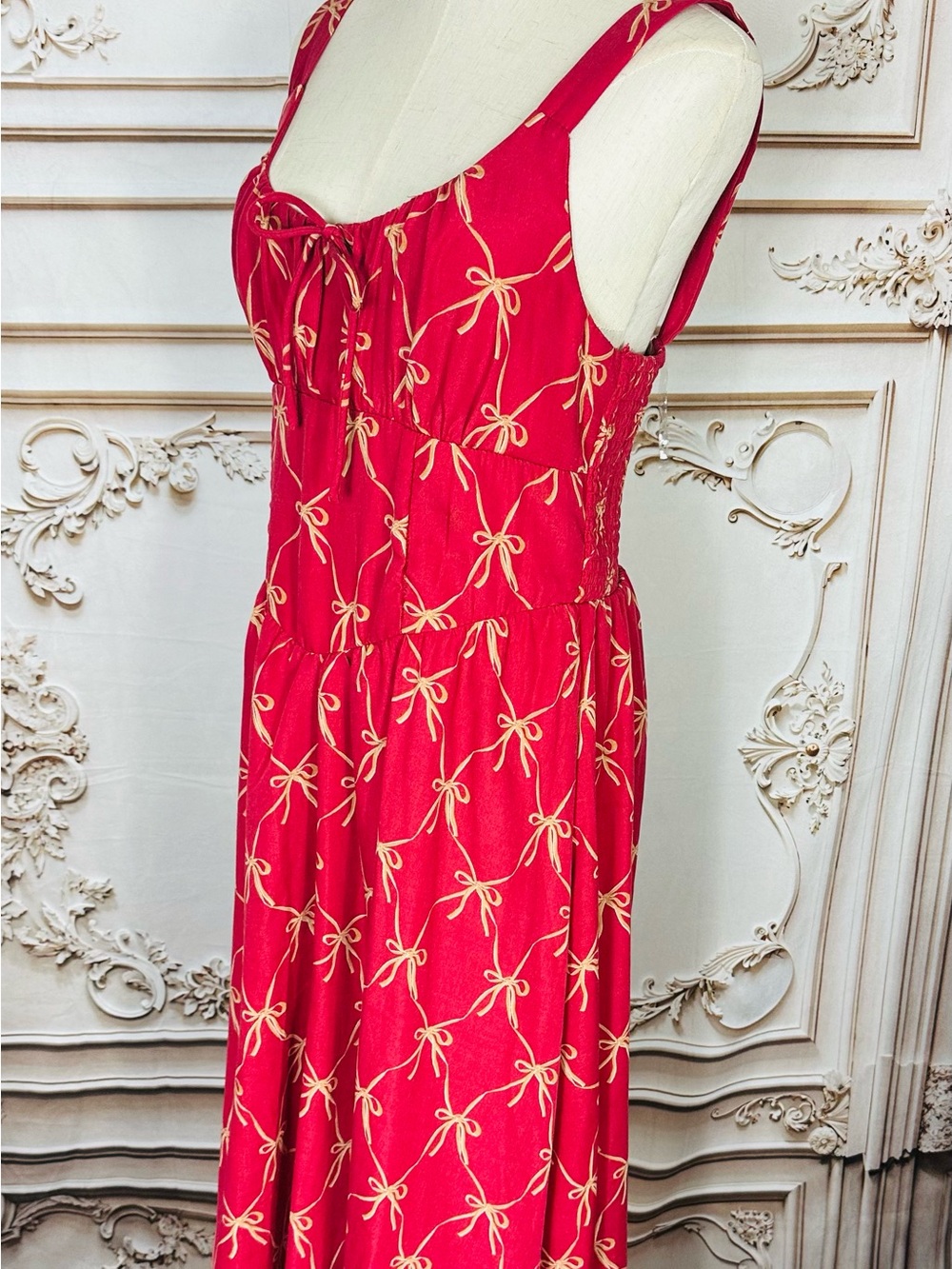 3 for $36 Sale Red Bow-Print Tie-Front Midi Dress - Picture 8 of 13